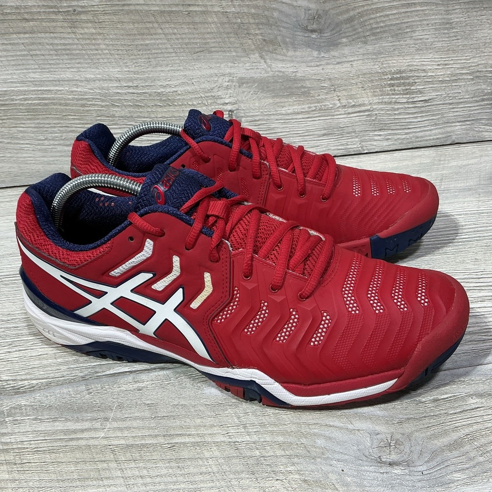 ASICS Tennis Shoes Mens Size 10.5 Red White Blue GEL-Resolution Sneakers E701Y